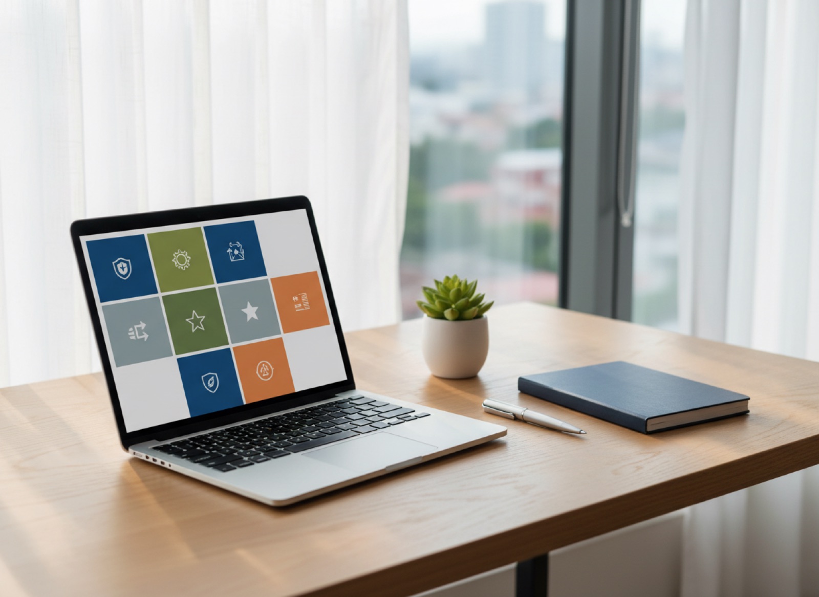 A laptop on a desk showing a dashboard of veteran service categories.