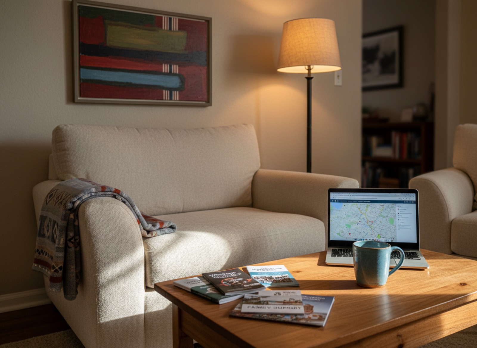 A warm living room with a laptop showing a map and family-support materials on the table.