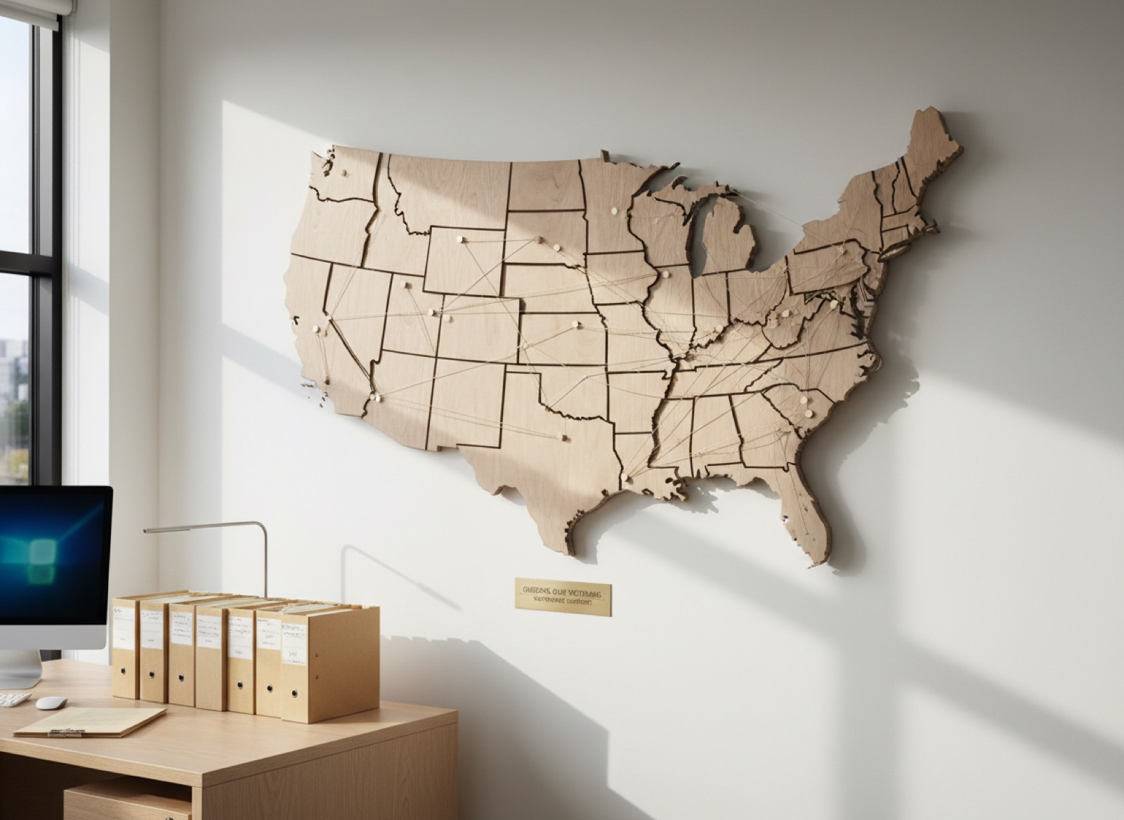 A wooden relief map of the United States on an office wall, with pins and threads linking locations across the country.